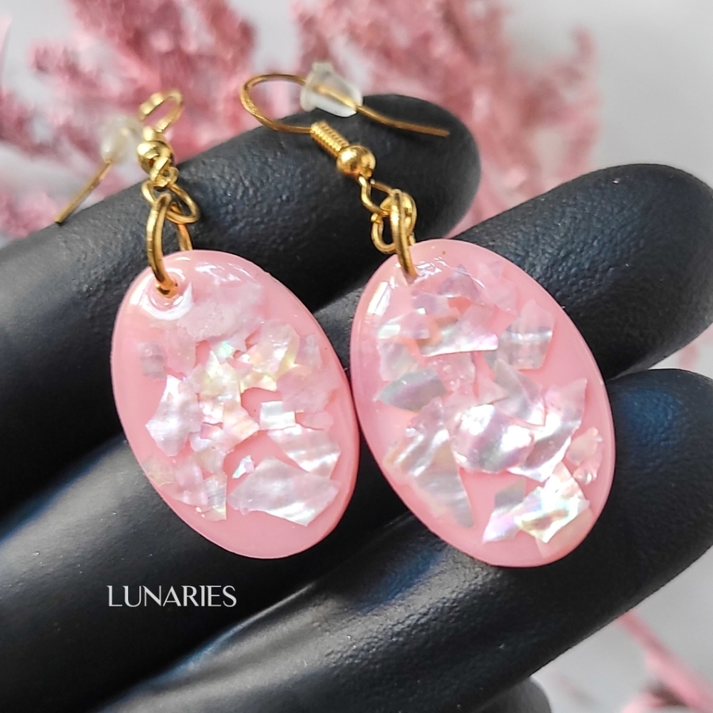 Blush Pink Resin Earrings with Abalone Shell, Oval Drop, Hypoallergenic
